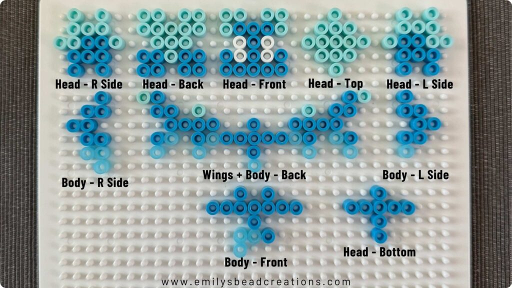 A white perler pegboard with blue beads in a pattern to create a 3D Minecraft Allay, with parts labeled.