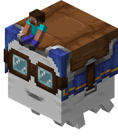 A GIF of Steve riding on top of a happy ghast with a blue harness (Minecraft).