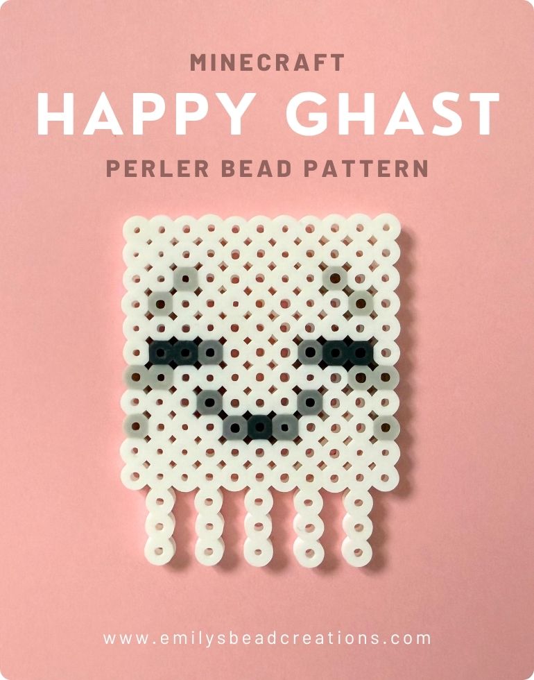 A photo of a Minecraft ghastling made out of perler beads with text "Minecraft Happy Ghast Perler Bead Pattern" across the top.