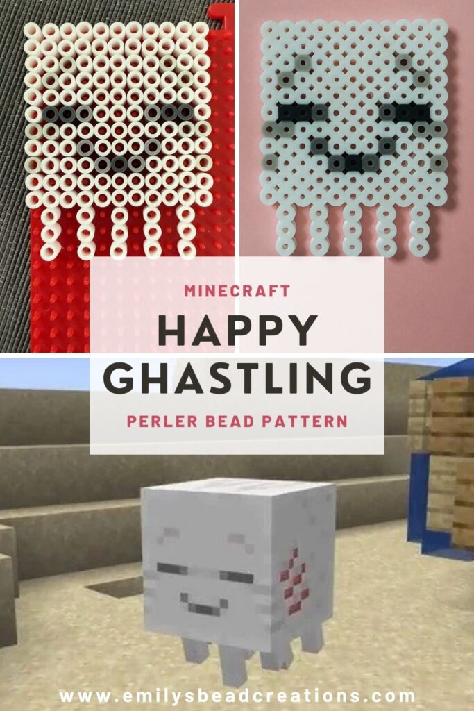 A collage showing the Minecraft Ghastling perler bead pattern, the melted final version, and the in-game ghastling.