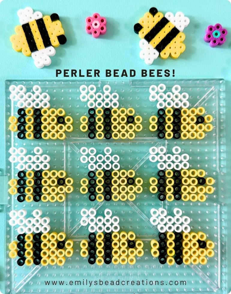 A photo of a Perler pegboard with beads arranged to look like bees, with the words "Perler bead bees!" across the top and 2 ironed bees and flowers above.