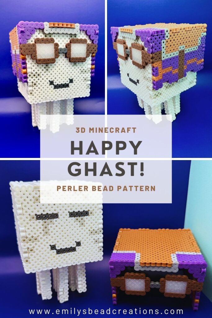 A collage of photos of a perler bead 3D minecraft happy ghast with text overlay stating "3D Minecraft Happy Ghast! Perler bead Pattern"