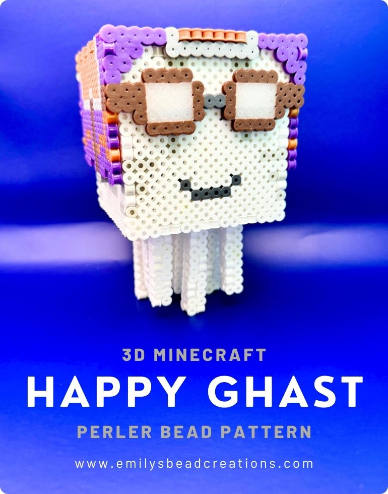 A photo of a 3D perler bead happy ghast with a purple harness and brown aviator goggles.