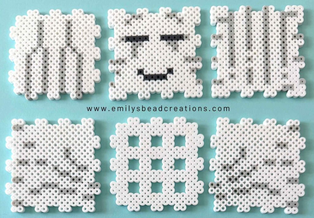 A photo of 6 perler bead panels for the 3D Minecraft Happy Ghast.