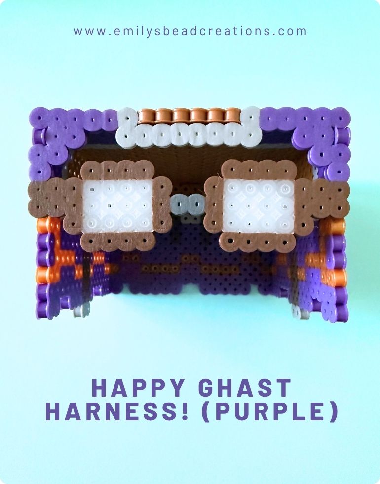 A photo of a happy ghast harness made out of perler beads with the text "happy ghast harness (purple)" below.