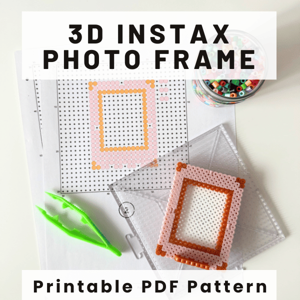 A pink and gold instant photo frame Perler bead pattern, the finished frame, bead tweezers, a jar of colorful Perler beads, and the words "3D instax photo frame" across the top, with "Printable PDF pattern" across the bottom.