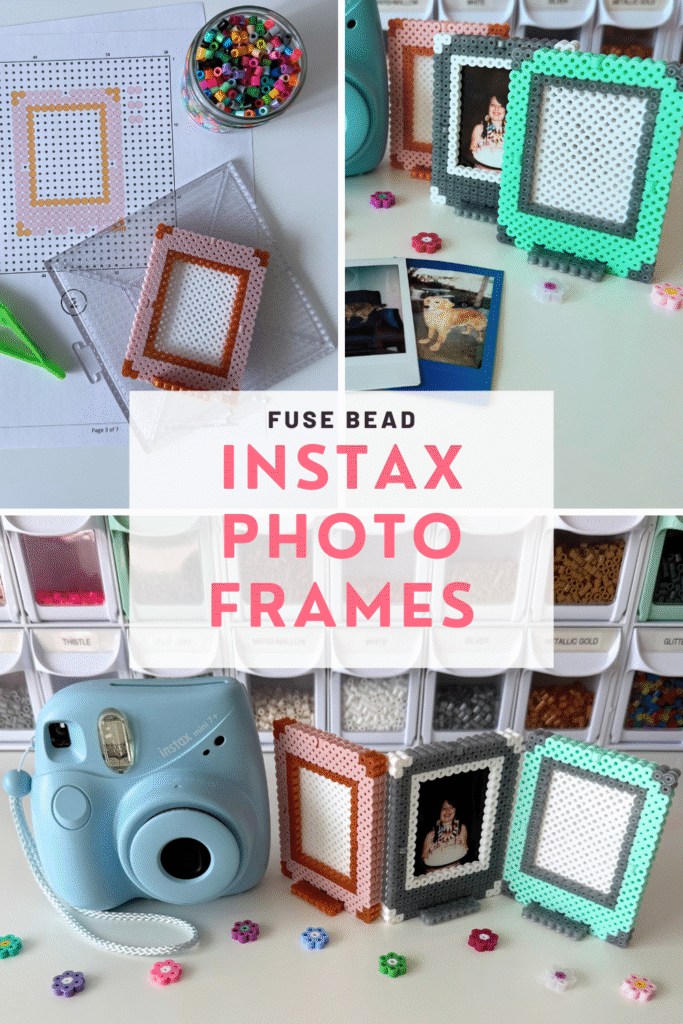 A collage of photos of 3 colorful instant photo frames made out of Perler beads, with the words "fuse bead instax photo frames" in the center. 